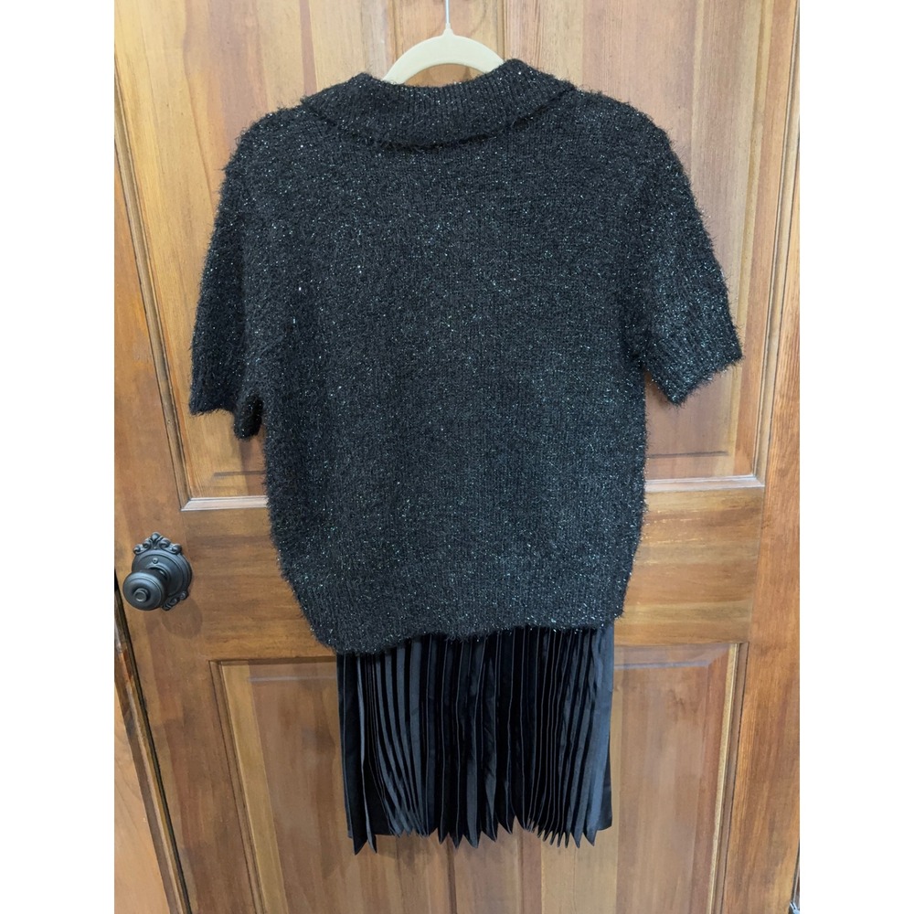 Rachel Zoe NWT Womens Black Metallic Knit Polo Top & Pleated Midi Skirt Set Med - Picture 9 of 11
